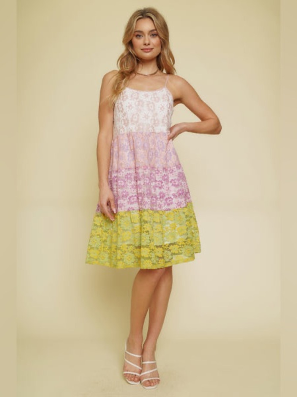 NEW Mystree Gabriella Color Block Multicolor Floral Lace Tiered Midi Dress L - Picture 9 of 12